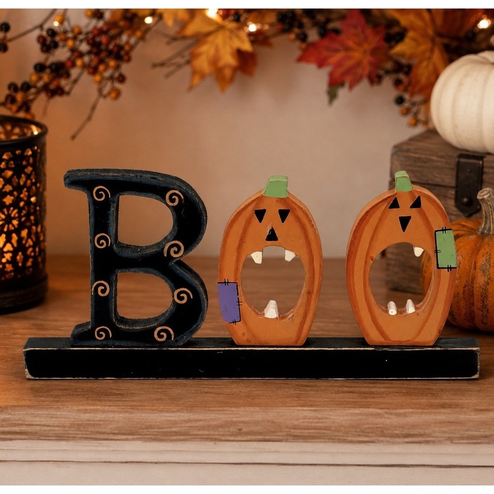 Vintage Halloween BOO Wood Sign Pumpkin Jack O Lantern Shelf Sitter Tabletop